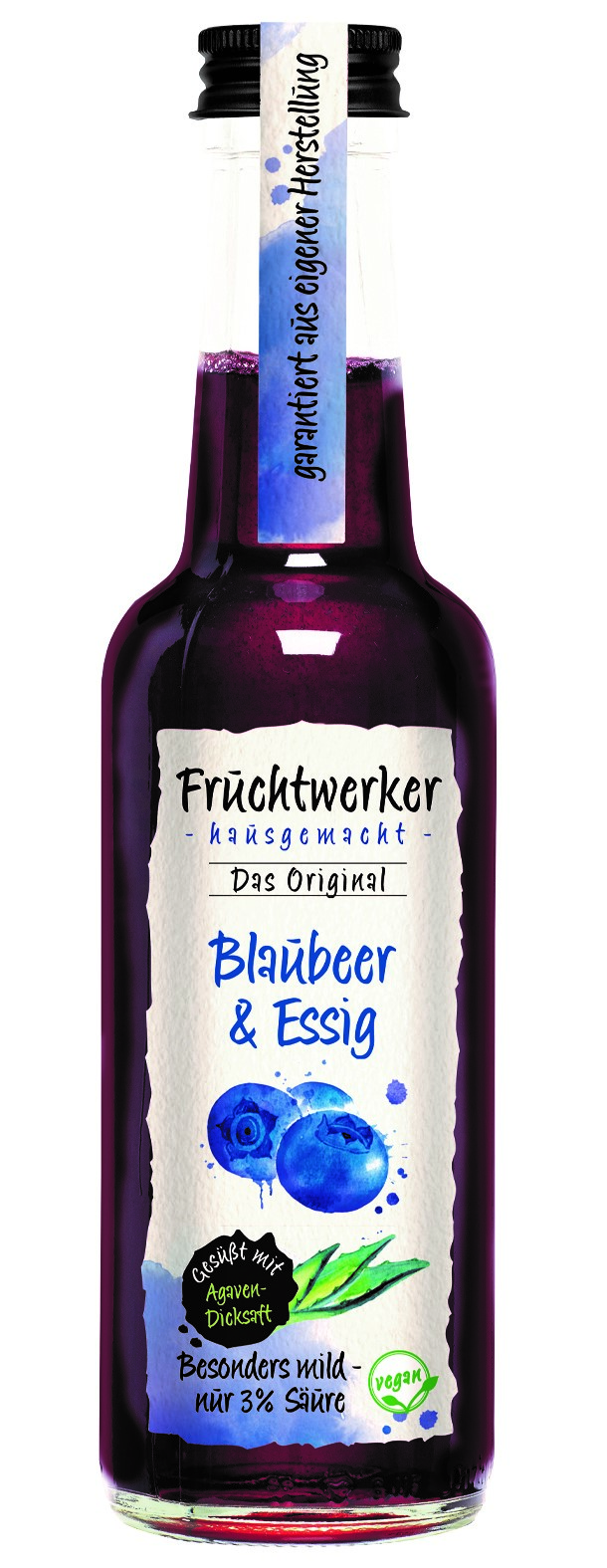 Fruchtwerker Blaubeer & Essig mit Agavendicksaft 250ml – Fruchtessig mit feiner Beeren-Note 