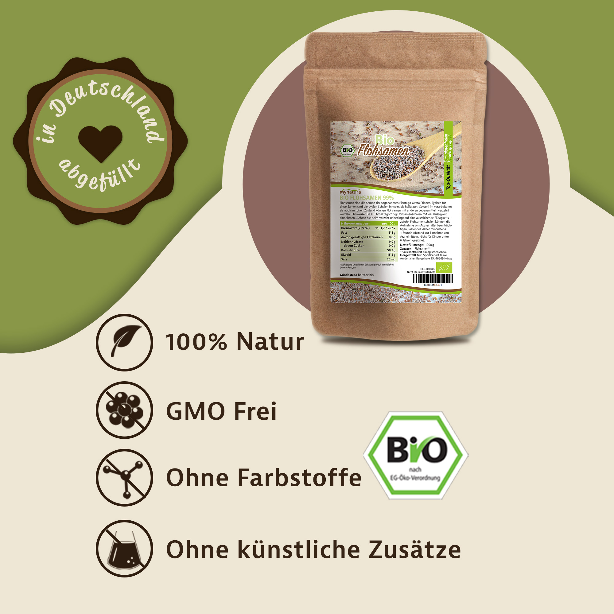 Mynatura Bio Flohsamen GANZ , Beutel - 99% Reinheit 1Kg