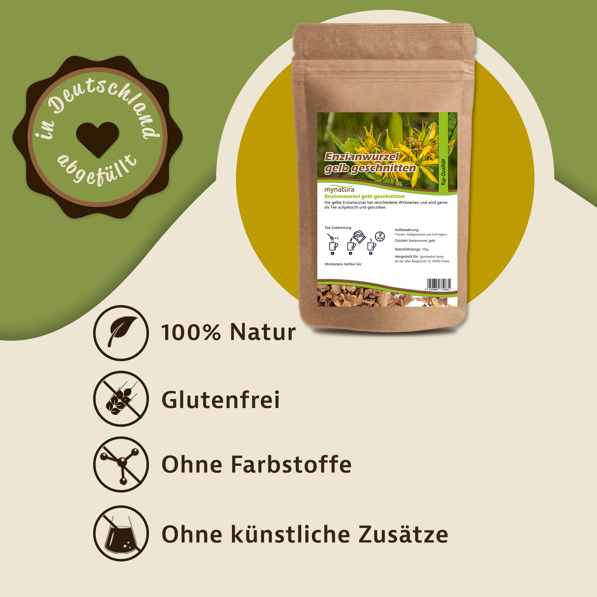 Getrocknete und geschnittene gelbe Enzianwurzel kaufen – natürliche Teezutat & veganes Superfood von Mynatura 250g
