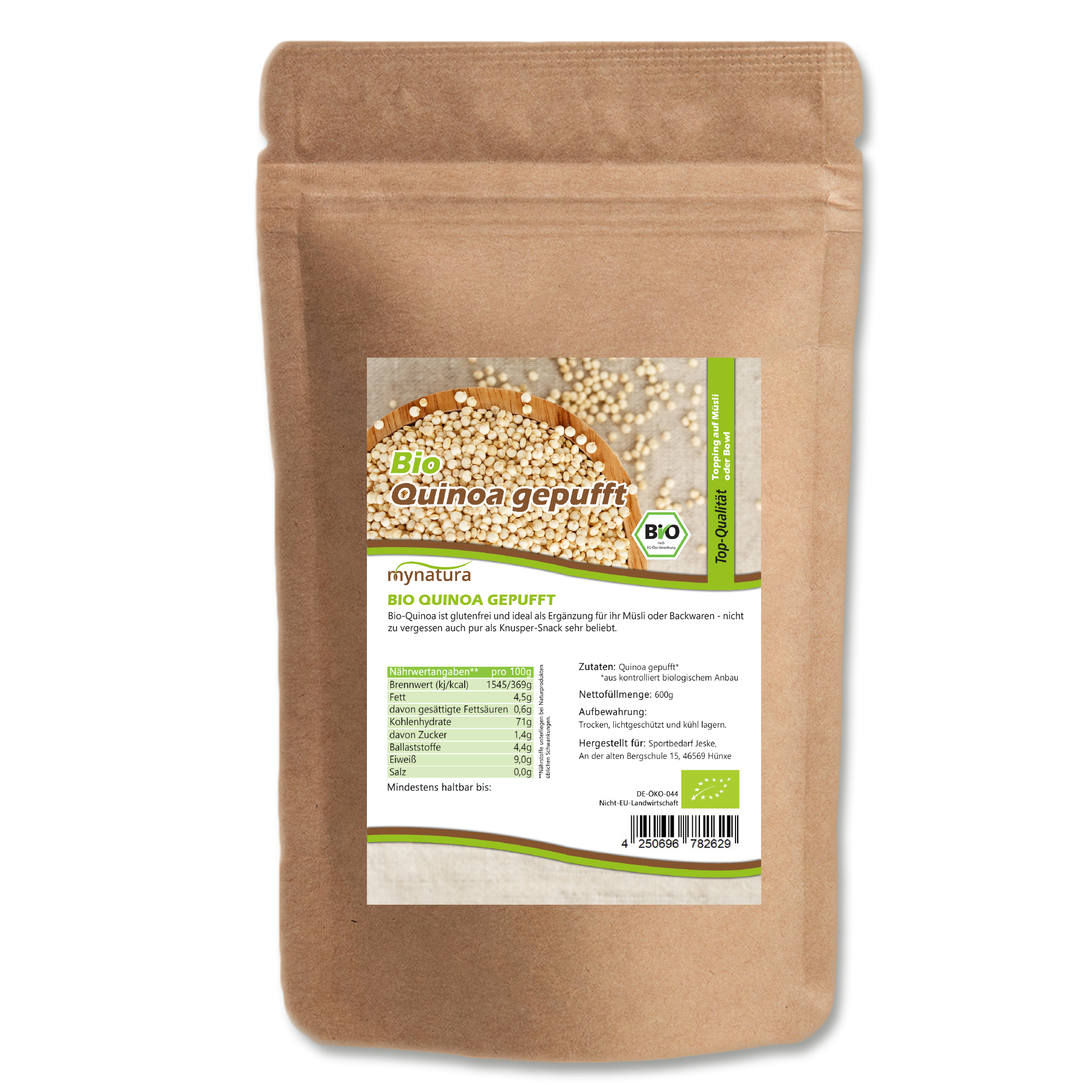 Gepuffter Bio Quinoa von Mynatura – Knuspriger Superfood-Snack & pflanzliche Proteinquelle 0,6Kg