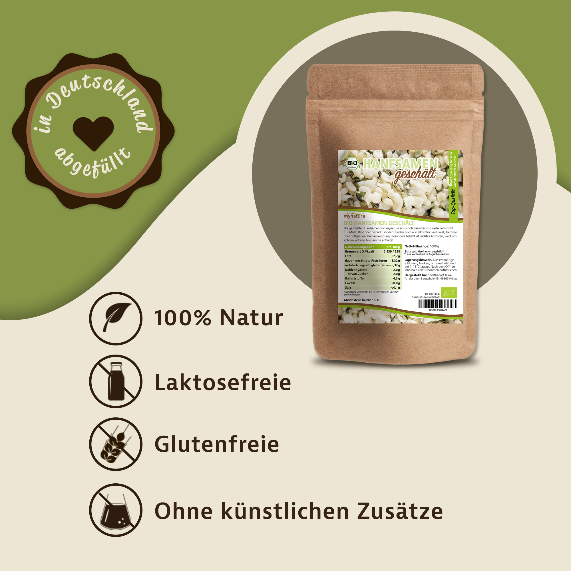 Mynatura Bio Hanfsamen ungeschält – natürliche Eiweißquelle mit nussigem Geschmack und nachhaltiger Verpackung 1Kg Mynatura Bio Hanfsamen ungeschält – natürliche Eiweißquelle mit nussigem Geschmack und nachhaltiger Verpackung 1Kg