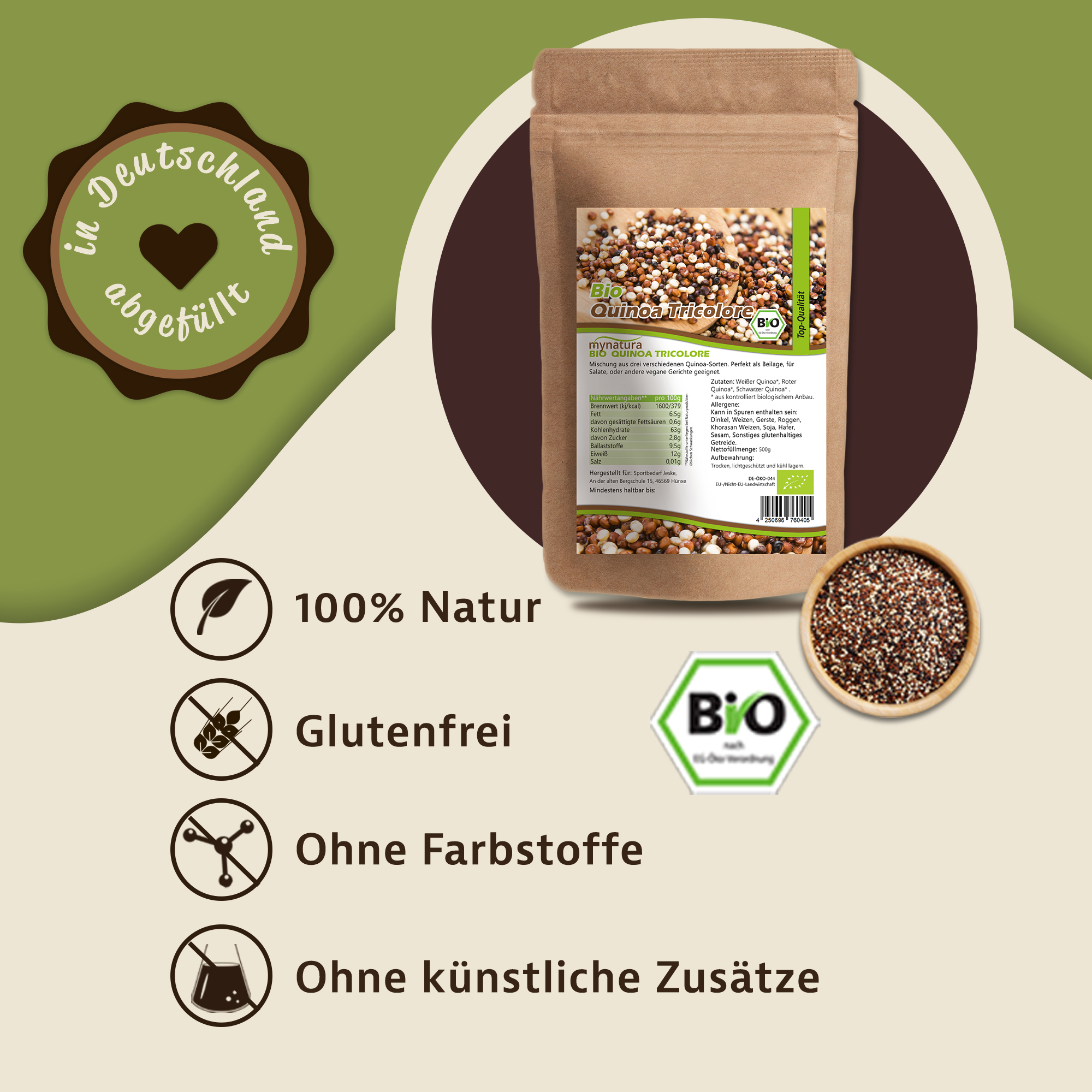 Bio Quinoa Tricolore von Mynatura – Farbige Quinoa-Mischung aus weißem, rotem und schwarzem Quinoa | Vegan & vielseitig für die moderne Küche 1000g