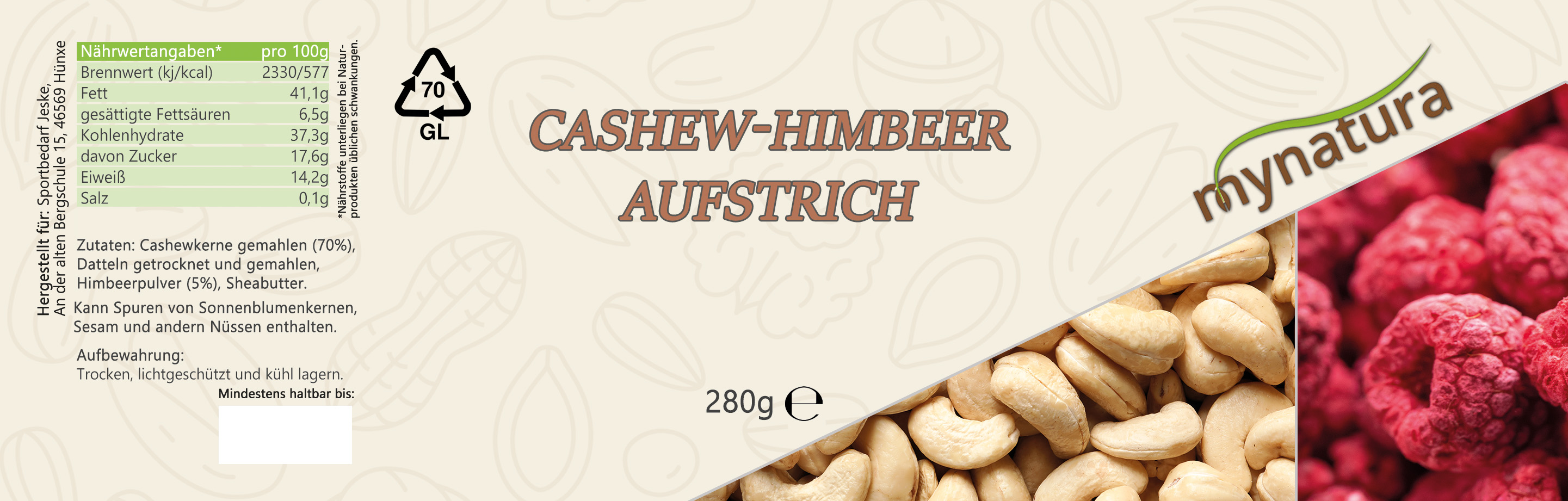 Mynatura Cashew Himbeer Aufstrich 280g Glas