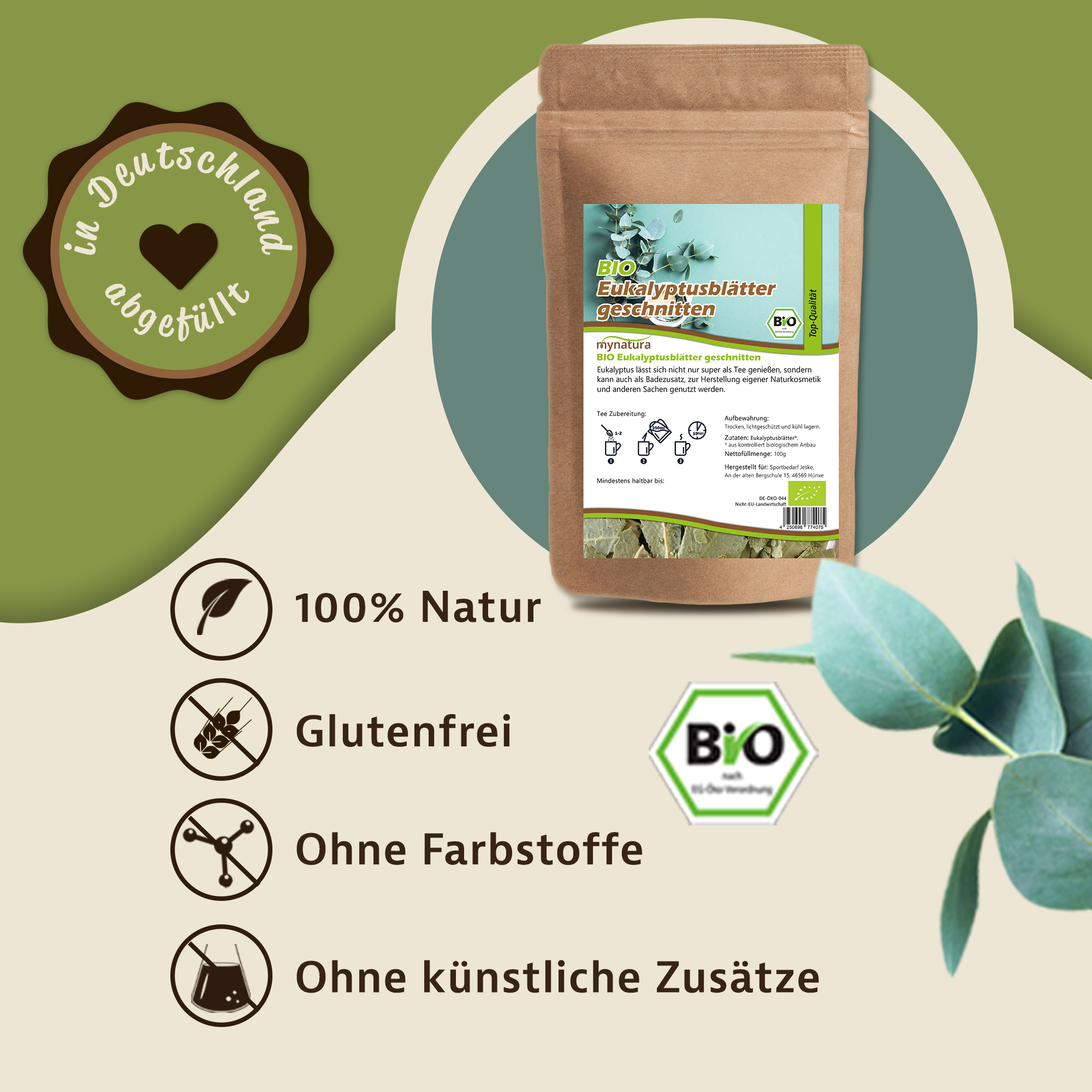 Bio Eukalyptusblätter geschnitten und getrocknet – Mynatura Qualität | Natürliches Teekraut für aromatischen Eukalyptus-Tee 250g Bio Eukalyptusblätter geschnitten und getrocknet – Mynatura Qualität | Natürliches Teekraut für aromatischen Eukalyptus-Tee 250g