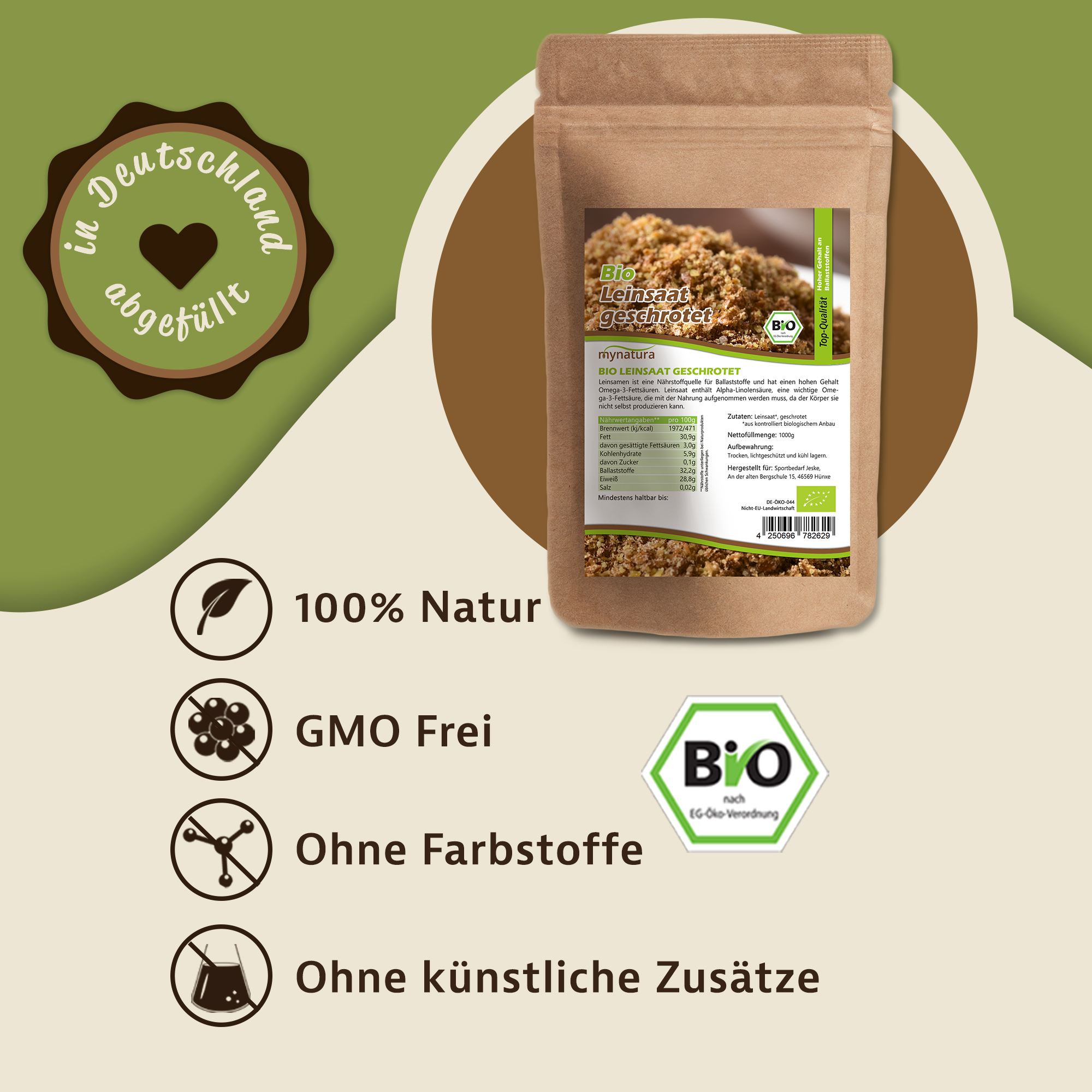 Geschrotete Leinsamen Bio kaufen – ballaststoffreiche, pflanzliche Zutat von Mynatura