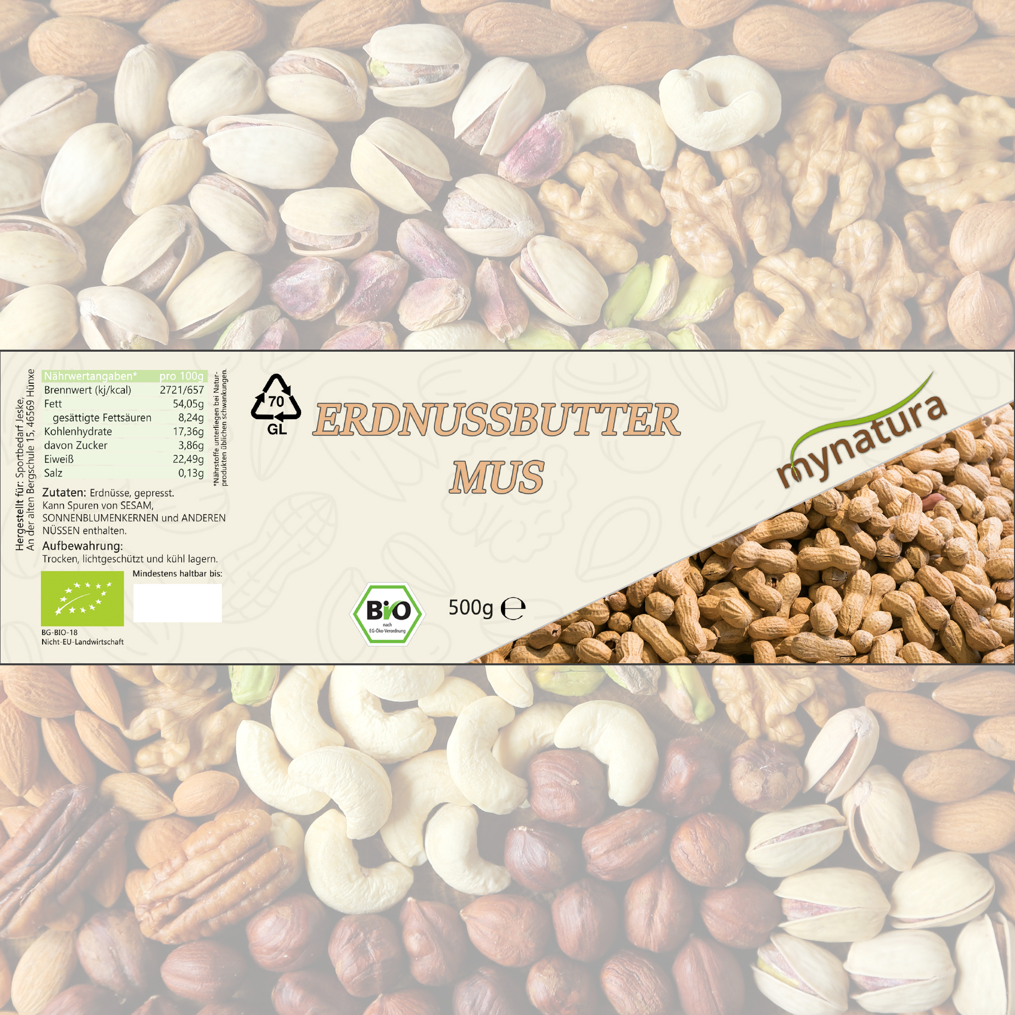Erdnussbuttermus – Cremiger Brotaufstrich & vielseitige Zutat aus 100 % gemahlenen Erdnüssen 0,5Kg Erdnussbuttermus – Cremiger Brotaufstrich & vielseitige Zutat aus 100 % gemahlenen Erdnüssen 0,5Kg