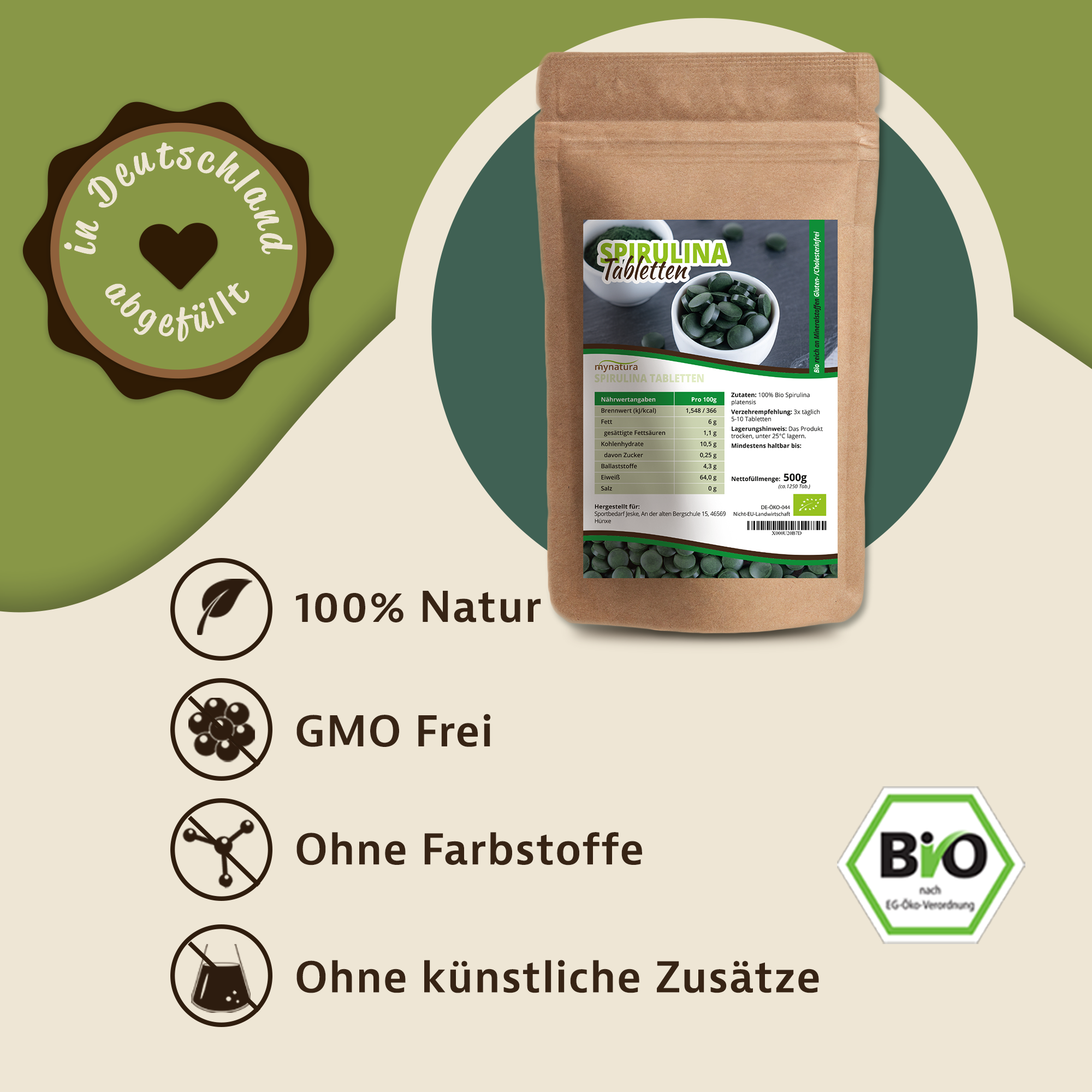 Spirulina Tabletten – Hochwertige pflanzliche Mikroalgen aus kontrolliertem Anbau 0,5Kg