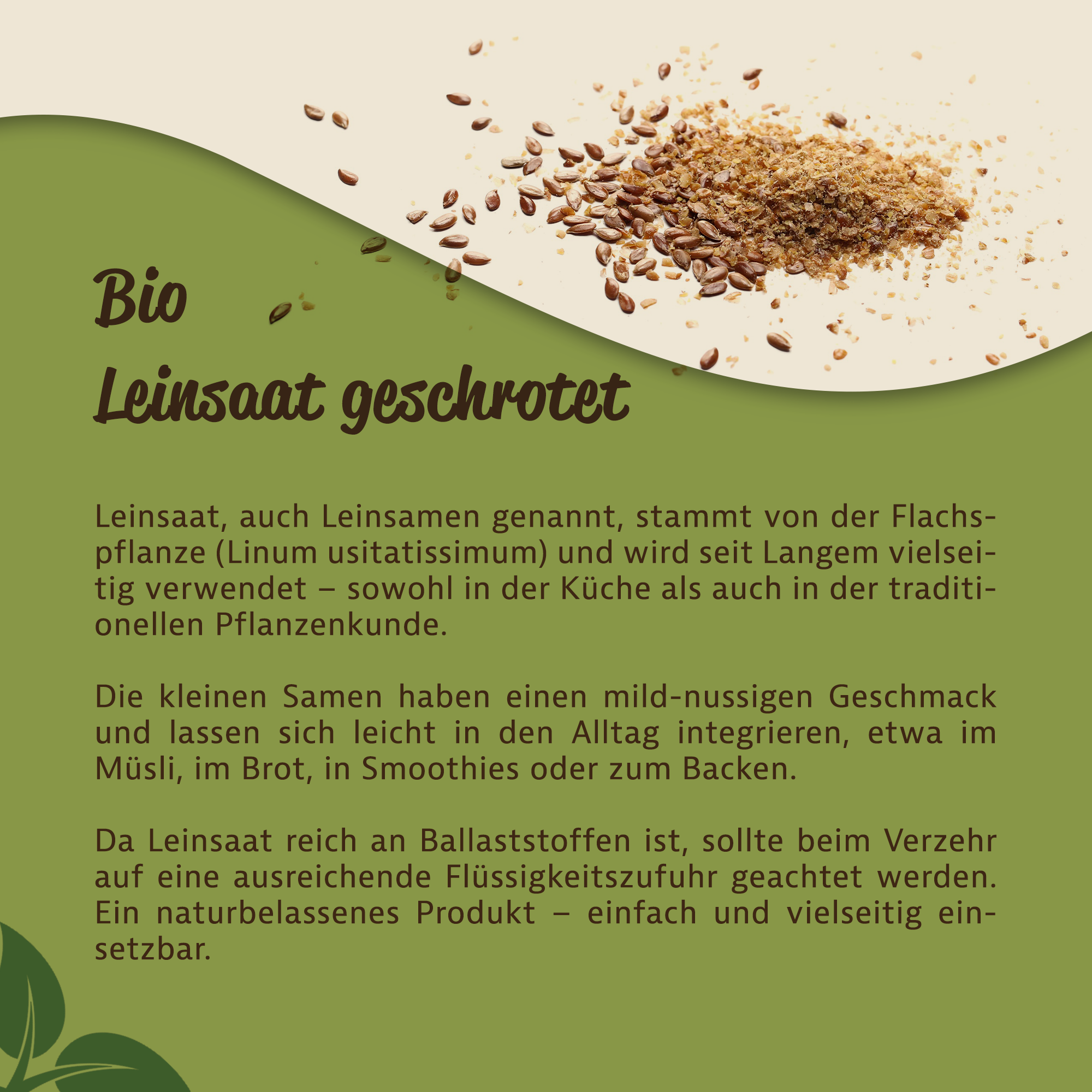 Geschrotete Leinsamen Bio kaufen – ballaststoffreiche, pflanzliche Zutat von Mynatura