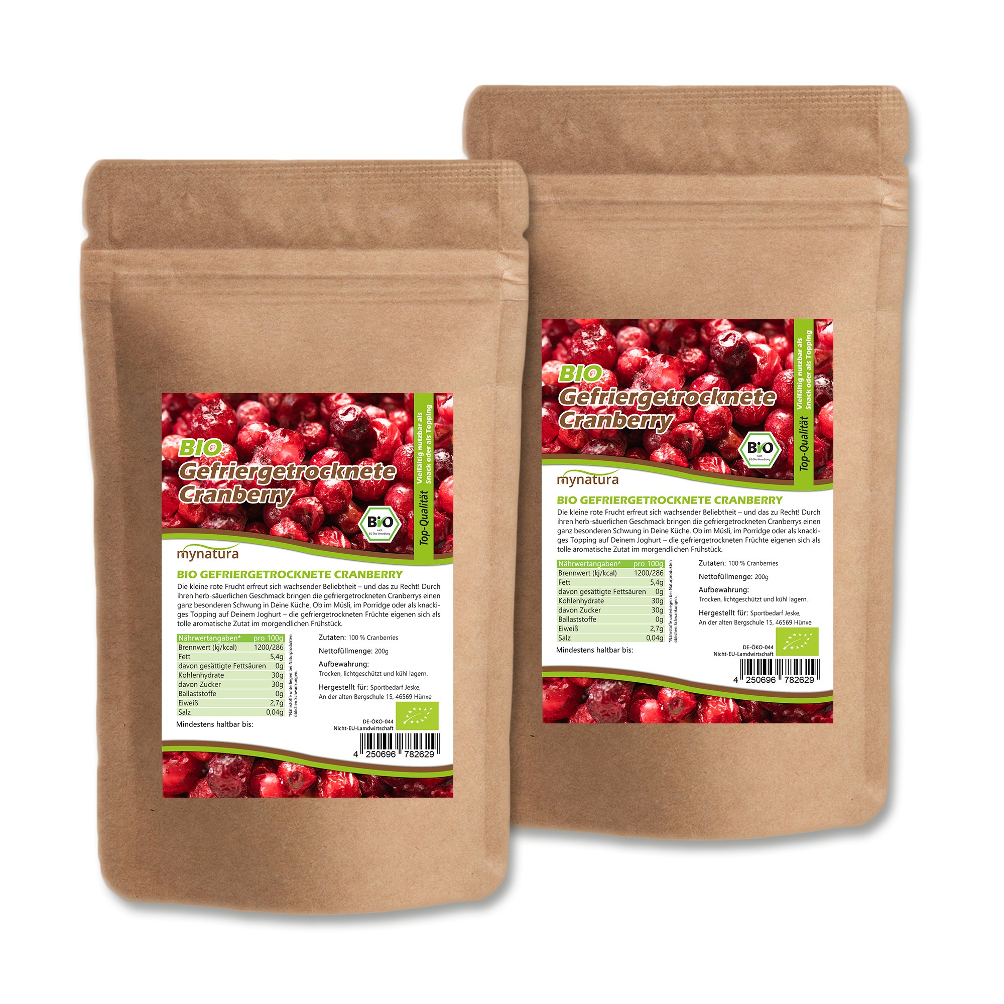 Gefriergetrocknete Cranberries von Mynatura – Knuspriger Fruchtgenuss in Bio-Qualität 2x0,2Kg