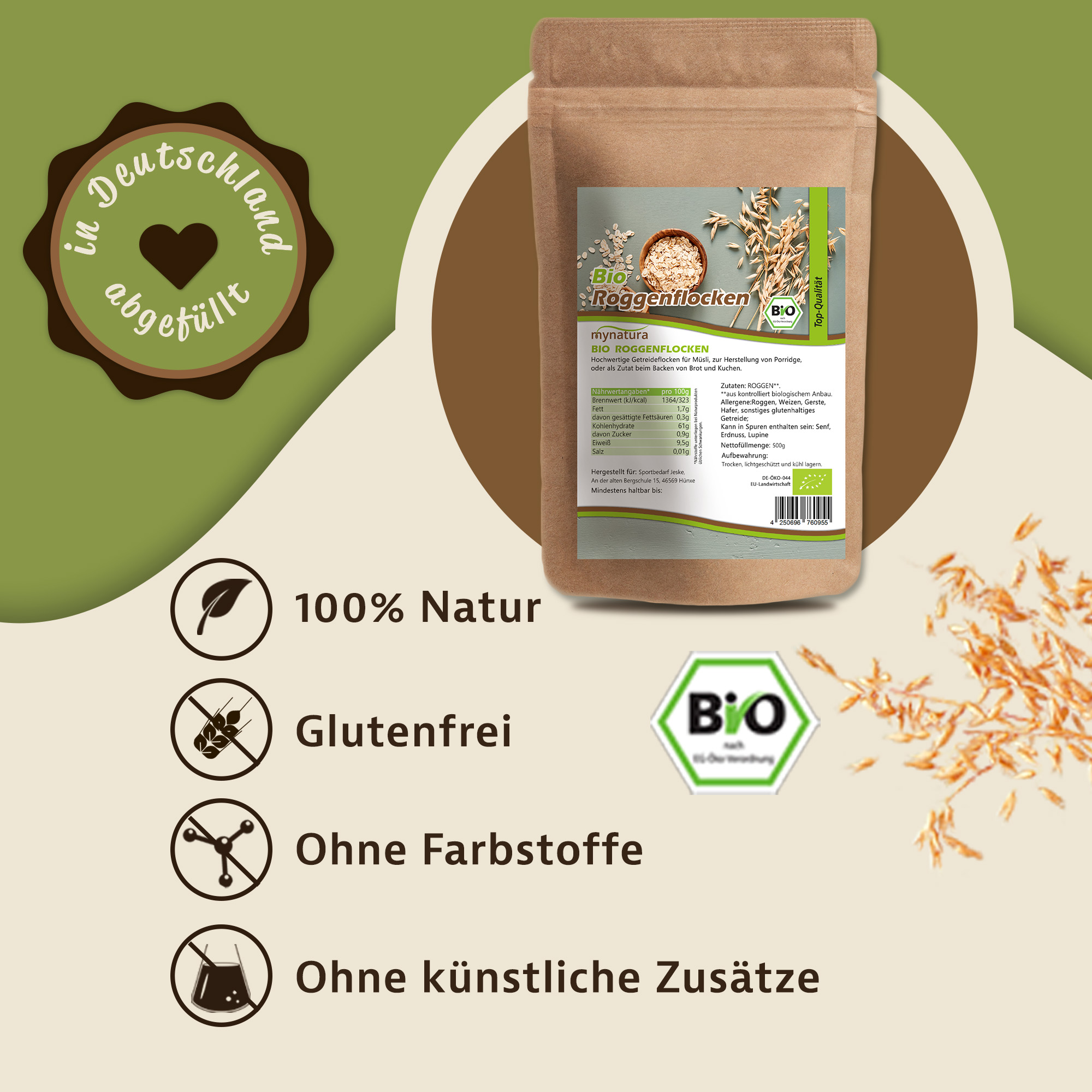 Mynatura Bio Roggenflocken – Hochwertige Getreideflocken für vielseitige Rezepte | Vegan & Nachhaltig 2000g
