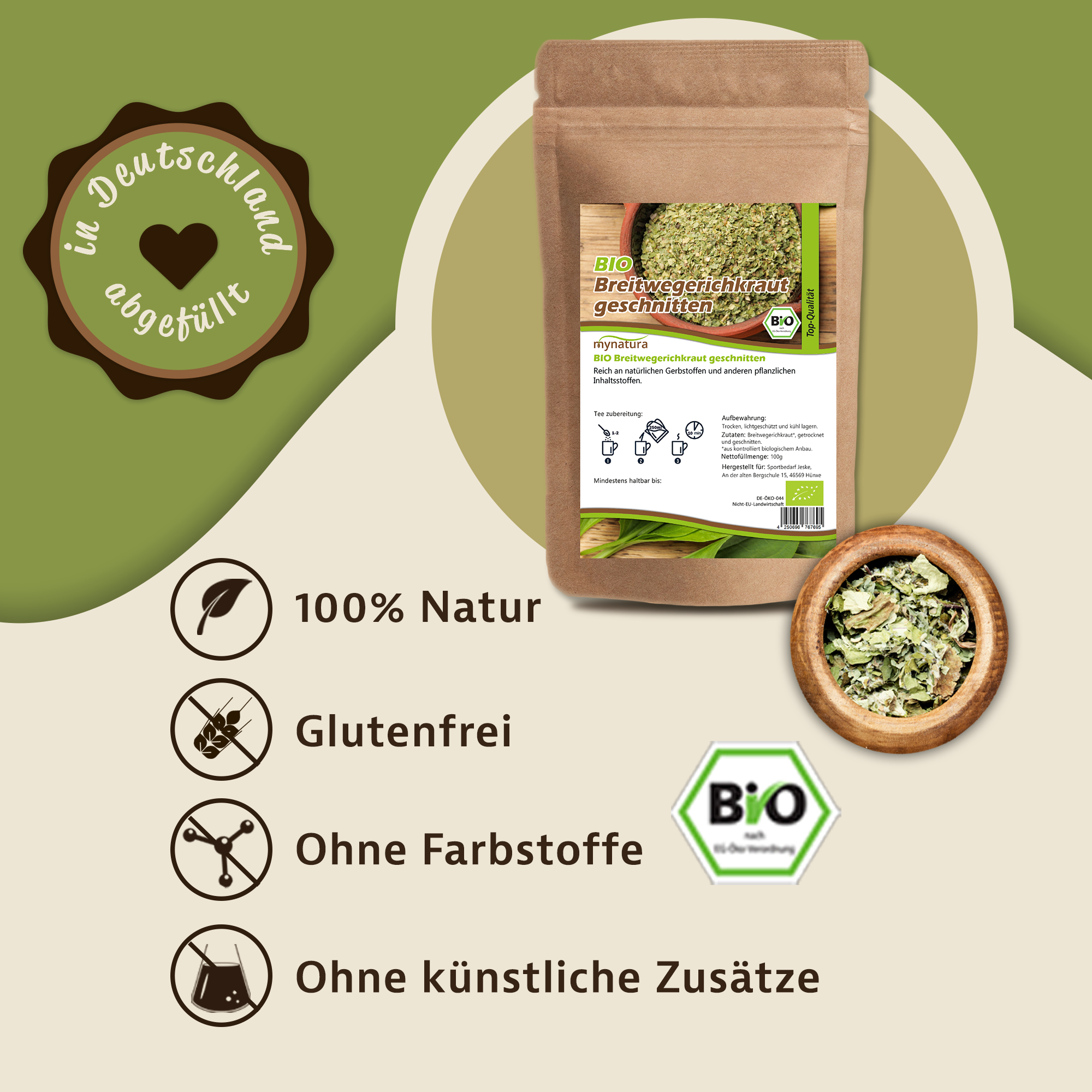 Getrocknetes und geschnittenes Breitwegerichkraut von Mynatura – naturbelassenes Kraut für Tees und Aufgüsse 250g