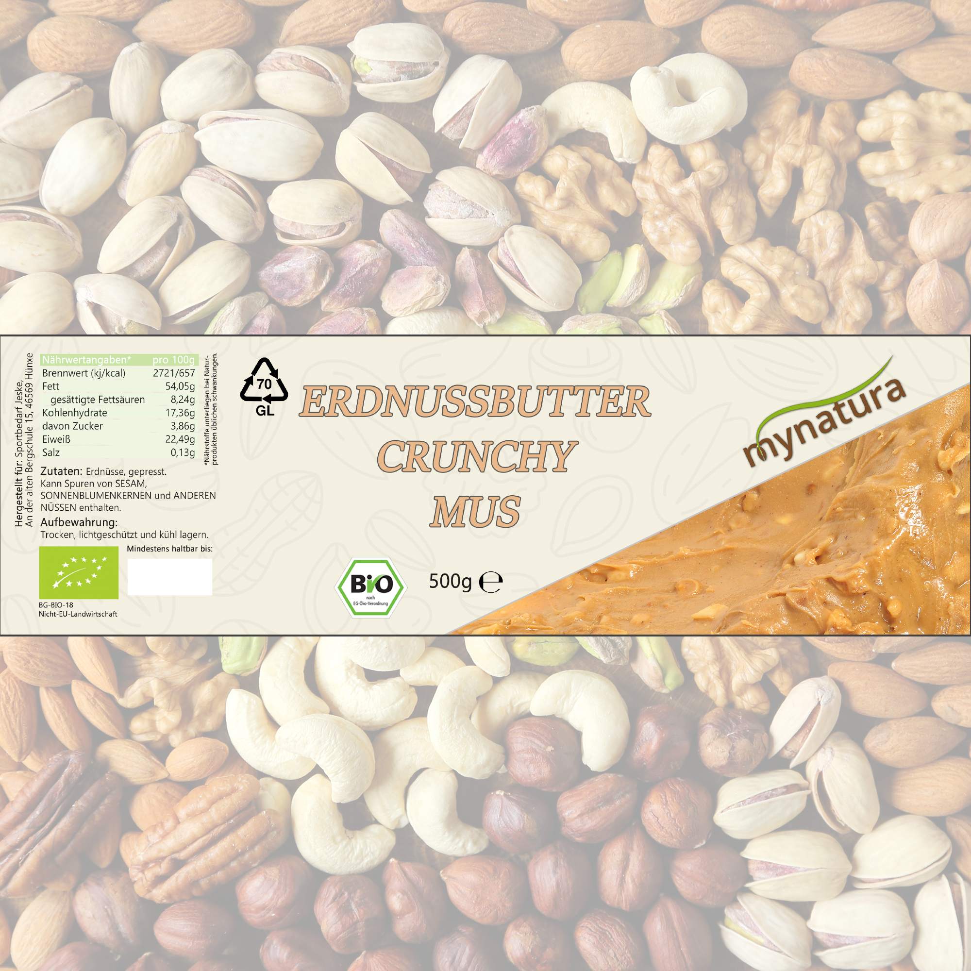 Erdnussbuttermus Crunchy kaufen – Natürlicher Brotaufstrich mit knackigen Erdnussstückchen in Bio-Qualität 0,5Kg Erdnussbuttermus Crunchy kaufen – Natürlicher Brotaufstrich mit knackigen Erdnussstückchen in Bio-Qualität 0,5Kg