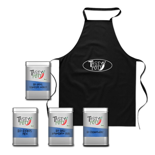Tasty Pott Bio Gewürz-Set 7 Schmackhafte Fleischgewürze + Schürze